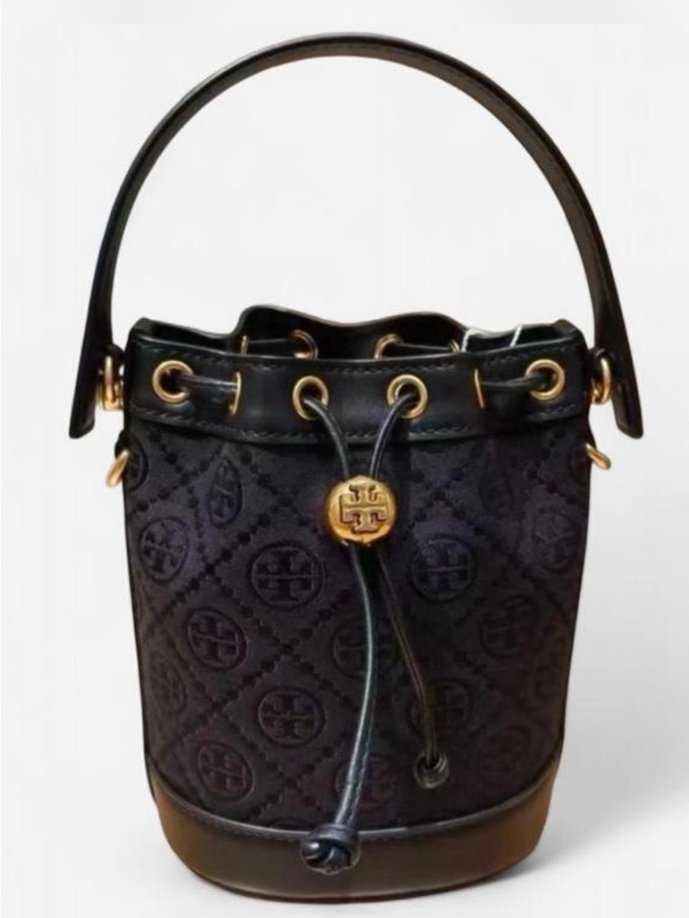 Tory Burch Black Quilted Logo Drawstring Bucket Bag